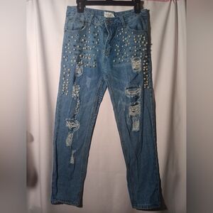 Women's Distressed Blue Jeans with Studded Detail